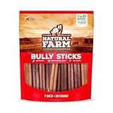 Natural Farm Odor-Free Bully Sticks, 7-Inch Long, 20 Count Bag, 100% Beef Pizzle Chew Treats for Medium & Large Dogs Dogs