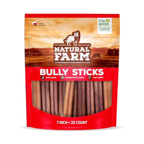Natural Farm Odor-Free Bully Sticks, 7-Inch Long, 20 Count Bag, 100% Beef Pizzle Chew Treats for Medium & Large Dogs Dogs