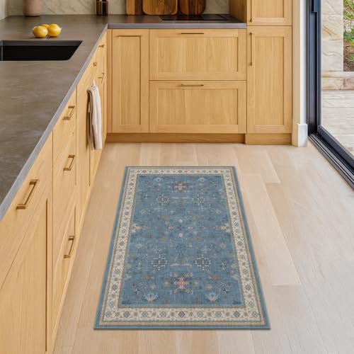 Image of Blue 2x3 Washable Rug for Entryway Indoor, Kitchen Floor Waterproof, Bathroom, Powder Room, Non Slip Low Pile Stain & Fade Resistant, Modern Eclectic Floral Decor