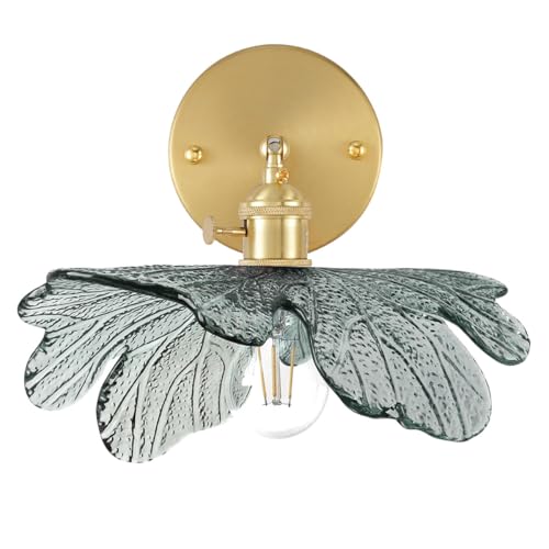 Image of Vintage Sconce Over Mirror Mid Century Modern Wall Sconce Light Fixture Gold Bathroom Vanity Lights with Dark Green Flower Glass Shade 90 Degree Adjustable Hardwired Wall Lighting