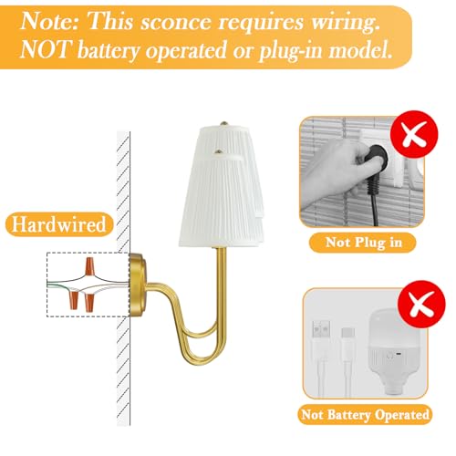 Image of Electro bp; Elegant Triple Sconce Polished Gold Curved Metal Arm with Warm White Pleated Fabric Lamp Shades Brocade Cover Wall Light Fixture,E12,3 Sockets,120W,Hardwired;