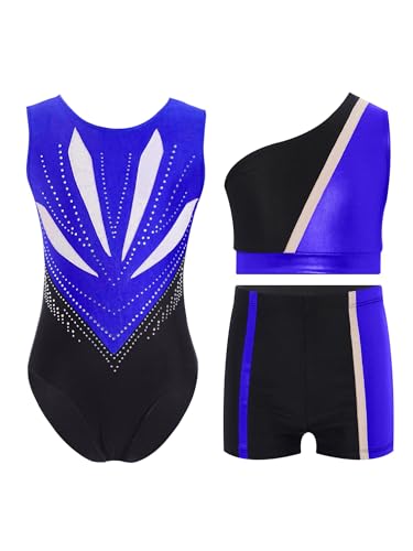 YiZYiF Girls Pcs Color Block Gymnastics Dance Outfits Sleeveless Jumpsuit One Shoulder Crop Top Shorts Set