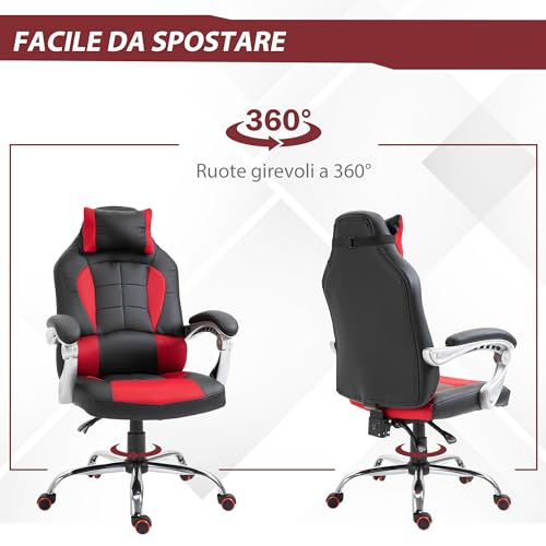 Sedia da Gaming Ergonomica, Sedia da Gioco e Ufficio Reclinabile con Supporto Lombare e Poggiatesta, Poltrona Gaming in Pelle PU, Rosso e Nero - Sedia gaming - Immagine 4