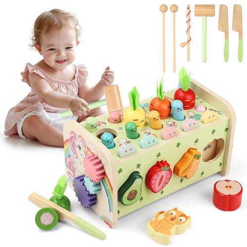 Mieryd Jouet Montessori Enfant 1 an, 10 en 1 Jeux en Bois Bebe Jouet Cube Musicaux Fille Garcon avec Xylophone, Jeu Pêche & Marteau, Jouet d'activité...