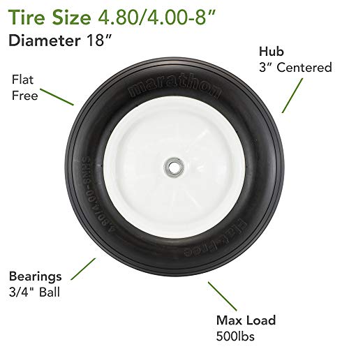 Marathon 4.80/4.00-8" Flat Free Tire On Wheel, 3" Hub, 3/4" Bearings, Ribbed Tread #TOP2