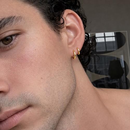 Image of Small Gold Huggie Hoop Earrings Set for Women Men Hypoallergenic 14K Plated Stack Cartilage Earrings, Sterling Silver Multiple Piercing Lightweight Mini Thin Cute Dainty Trendy Jewelry Gifts for Women