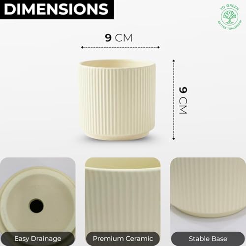 Image of Yo Green Modern Ribbed Ceramic Planter Pot | White Matte Indoor Plant Pot for Home, Office & Living Room Decor (Ribbed Design-4 Inch-Yellow)