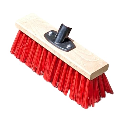 Escoba de madera, cerdas gruesas, limpieza interior y exterior, azulejos, terraza, jardín, patio, escoba (escoba roja 30 cm con rosca sin mango)