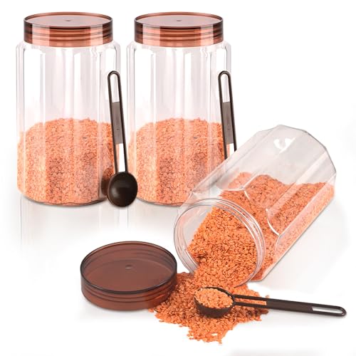 Image of Kuber Industries 1500 Ml Plastic Containers for Kitchen Storage Set of 3 | Multi-Purpose Airtight Kitchen Pet Jars and Containers Set for Spices, Pulses & Grains | Opal - Brown
