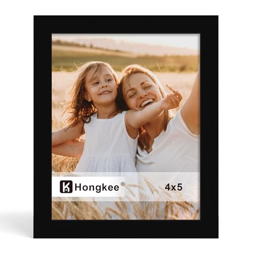 Hongkee 4x5 Picture Frame Made of Solid Wood With Real Glass Frame Horizontal and Vertical Display for Wall or Tabletop (Black 1 Pack)