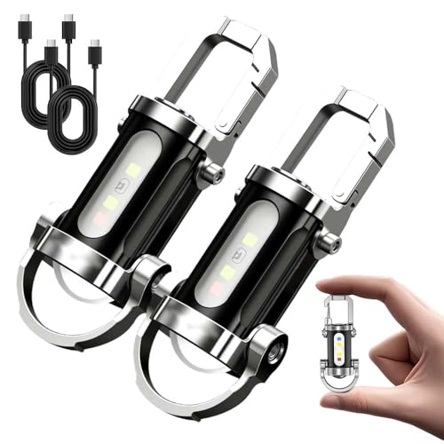 2 Pieces Rechargeable Keychain Flashlights, Multifunction Waterproof Keychain Flashlight with 7 Light Modes, Mini Compact Pocket COB Light for Night Working, Running, Walking, Camping, Fishing, Hiking