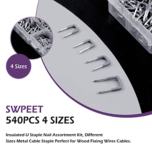 Swpeet 540Pcs 5 Sizes 0.36" 0.41" 0.44“ 0.56" Insulated U Staple Nail Assortment Kit - Image 4