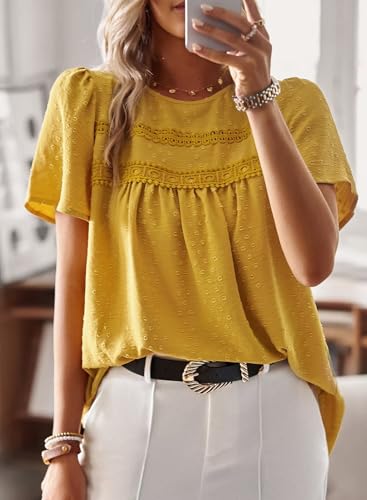 Image of Falechay Womens Summer Tops Crewneck Short Sleeve Shirts Casual Chiffon Blouses Flowy Lace Hem Boho Clothing Trendy 2026