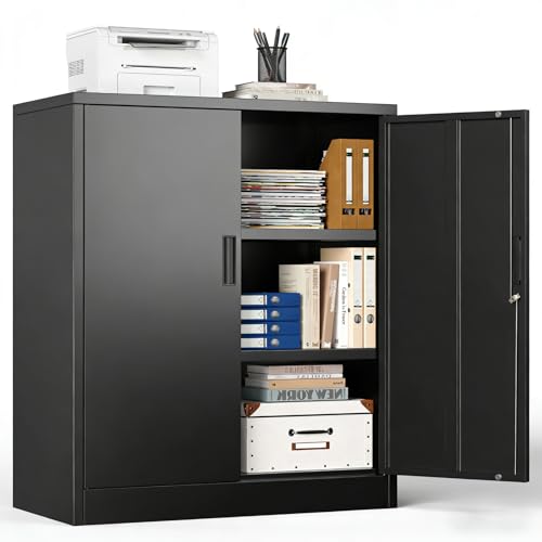 Aktenschrank, Mehrzweckschrank, Büroschrank mit 2 Türen, Schrank abschließbar, Aufbewahrungsschrank Stahl, Schrank abschließbar, 2 höhenverstellbare Einlegeböden für Büro, Garage(Schwarz,90*80*40)