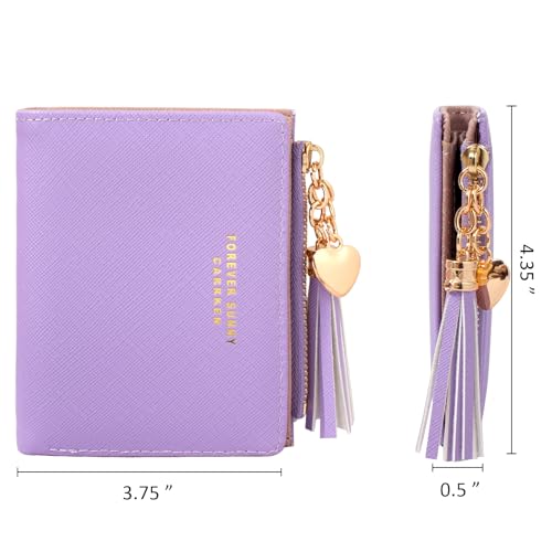 Image of KOTORA Womens Small Wallet Girls Tiny Slim Wallets Pretty Mini Card Holder Thin Short Zip Coin Purse with Love Pendant and Tassels (Purple)
