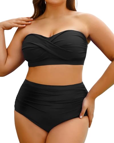 Yonique Women Plus Size Two Piece Swimsuits High Waisted Bathing Suits Bandeau Bikini Tummy Control Swimwear