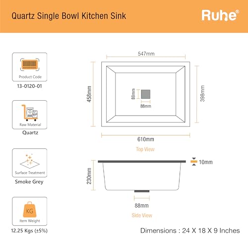 Image of Ruhe Smoke Grey Quartz Single Bowl Kitchen Sink - 24x18x9 inches | Noise-Reducing, Durable & Scratch-Resistant Kitchen Granite Sink | Sink Coupling, Waste Pipe & Vegetable Washing Basket