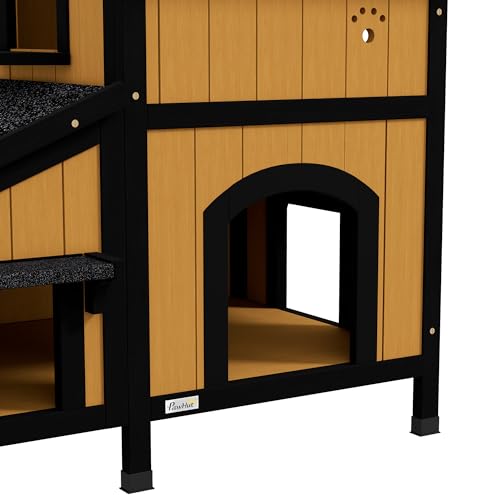 PawHut Katzenhaus, Tannenholz, Katzenhütte mit mehreren Eingängen, 2 Etagen, Katzenhöhle für draußen, Kleintierhaus mit Asphaltadach, Blumenkasten, winterfest, Erhöhtes Design, Gelb, 96 x 65 x 85,5 cm