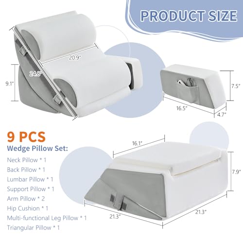 Dorifine 9PCS Orthopädische Bett Keil Kissen Set,Post Chirurgie Schaum Kissen für Körper, Rücken und Beine Schmerzlinderung,Justierbare Stützkissen mit Säure Reflux Bed Wedge Memory Foam Hellgrau