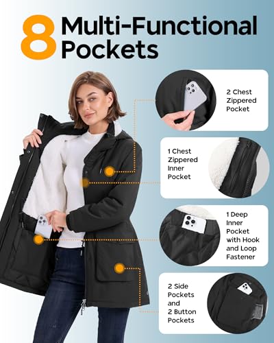 Outdoor Ventures Damen Regenjacke Lange Wintermantel mit Kapuze Frauen Wasserdicht Windbreaker Verdickene Warm Outdoorjacke Funktionsjacke für Wandern Laufen Sporten Schwarz XL