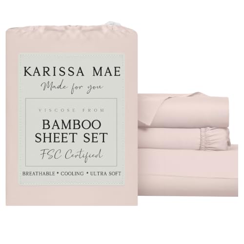Image of KARISSA MAE Luxury Bamboo Viscose Twin Size Sheet Set | FSC Certified | Cooling | Ultra Soft | 18 inch Deep Pockets | Elastic Corner Straps | Includes Organizer Band [Pink Peony]