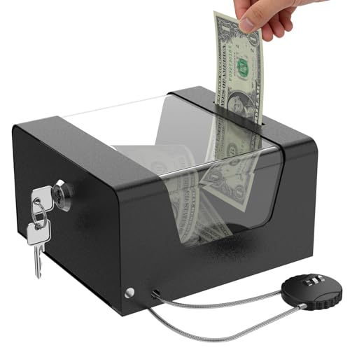 Image of Steel Locking Tip Box - Heavy Duty Secure Tip Jar with Combination Cable Lock - Use for Collecting Donation, Suggestion, Business Card, and More