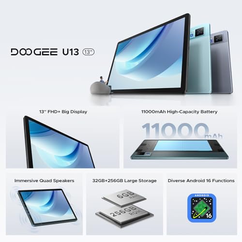Image of U13 Android 16 Tablet with Gemini AI,13 inch Tablet,11000mAh Battery,32GB+256GB,2.2Ghz Octa-Core Processor,90Hz Display Gaming Tablets,13MP+8MP,7.9mm Ultra-Thin Body,Face Unlock, Gray