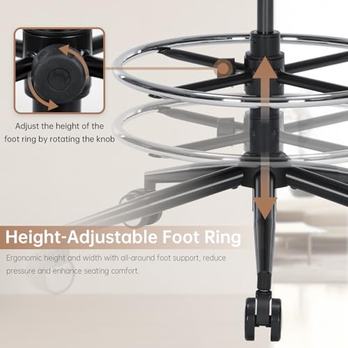 Image of Drafting Office Chair Ergonomic Executive Computer Standing Desk Chair with Adjustable Height and Footrest Ring, Drafting Chair for Counter Height Desk and Drawing (Brown)