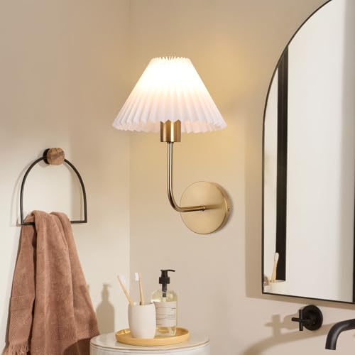 Wall Sconces Sets of 2, White Pleated Fabric lampshade, Brushed Gold Wall Lamp Curved Wall Lighting Bathroom Dresser Hardwired sconces wall decor Fixture Applicable to Living Room Bedroom Dining Room by KELUOLY - Image 2