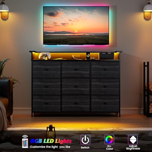 Nicehill 9 Drawer Dresser for Bedroom, TV Stand for Bedroom, Black Dresser with LED Light, Fabric Chests of Drawers for Hallway Entryway (Black Wood Grian)