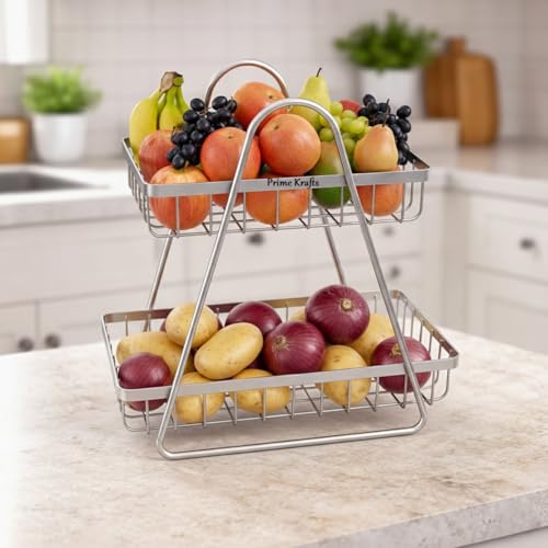 Image of 2 Tier Metal Fruit and Vegetables Basket with Handle|Fruit Vegetables Snacks and Bread Organizer for Kitchen, Dining Table, Livingroom|Bathroom Countertop Basket Stand - Silver