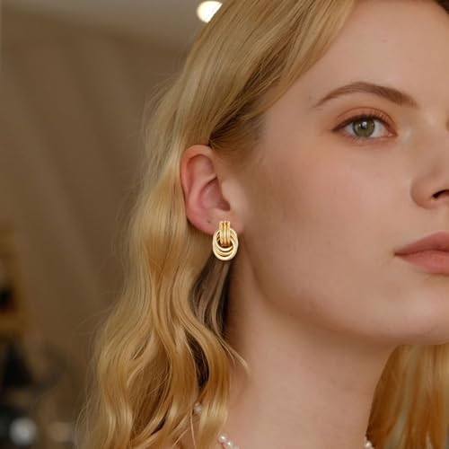 Gold Clip On Earrings for Women Knot Link Trendy Chunky Non Pierced Earring 14K Gold Plated Hoops Drop Dangle Earrings Lightweight Jewelry3