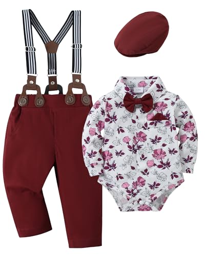 Image of YALLET Baby Boy Clothes Set Infant Tuxedo Long Sleeve Gentleman Suit Outfits + Beret Hat + Suspender Pants + Bowtie 0-18M