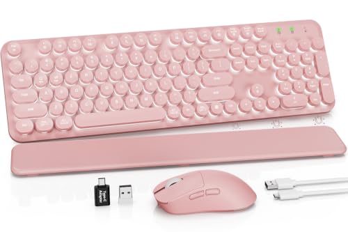 Image of Rechargeable Backlit Wireless Keyboard and Mouse Combo, Retro Typewriter Keyboard with Magnetic Wrist Rest, Light Up Letters, 2.4GHz Cordless Connection for Mac, Windows PC, Laptop (Glowing Pink)