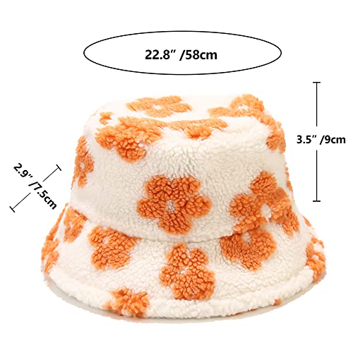 Winter Warm Plush Fuzzy Bucket Hat Faux Fur Shearling Fisherman Hats For Women (Flowers White) #TOP2