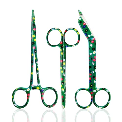 CynaMed Hemostat and Scissors Set (3-Piece) – Suture Removal Scissors, Lister Bandage Scissors, and Hemostatic Forceps (Green Flower)