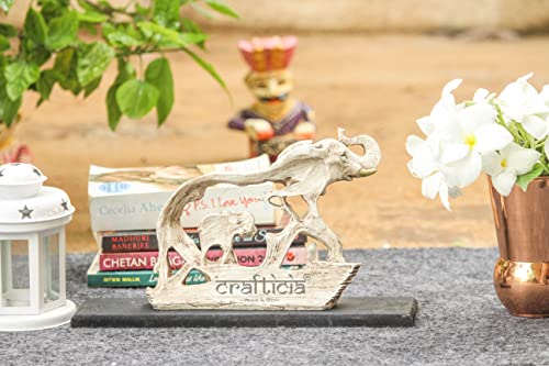 Image of Resin Elephant Statue with Baby Elephant Animal Figurine On Wooden Base for Feng Shui and Vaastu Statue (23X6X16 cm, Off White)
