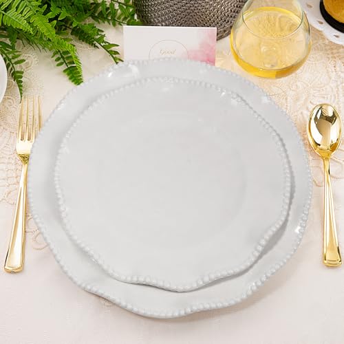 Image of Melamine Dinnerware Sets Service for 4, Cream Plates and Bowls Set with Beaded Edge, BPA Free Dishwasher Safe, Heavy Duty Shatterproof Unbreakable Tableware for Wedding Party Camping Outdoor