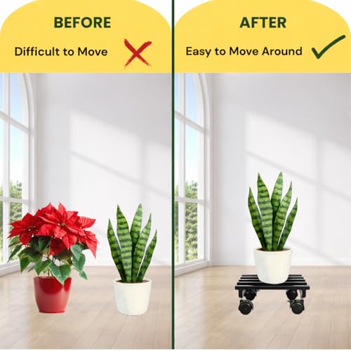 Image of Plant Stand with Wheels - Heavy Duty Metal Rolling Plant Caddy for Pots & Planters, Rust-Proof Iron Trolley with 360 Rotating Wheels, Indoor Outdoor Balcony Garden Use (Black, Pack of 2)