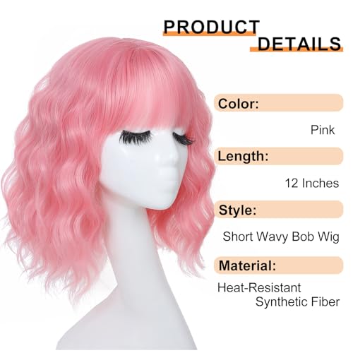 Sarensall Pink Wigs for Women Short Wavy Bob Wig With Bangs Synthetic Wigs for Daily Party Cosplay Costume Wig Use — view 2