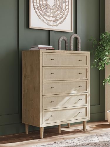 Image of Signature Design by Ashley Cielden Contemporary Chest of Drawers with Textured Cane Details and 5 Drawers, Bronze Knobs, Wood, 52.48 inch High, Light Brown