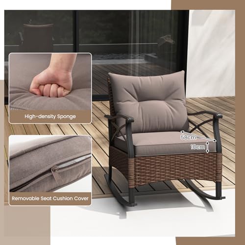 Image of Tangkula 3 Pieces Outdoor Rocking Chairs Set, Rattan Heavy Duty Cushioned Rocker Chairs with 2-Tier Tempered Glass Coffee Table, for Garden, Balcony, Backyard | Heavy Duty Cushioned Rattan Patio Rocker Bistro Set, 2-Tier Side Table w / Acacia Wood Tabletop, for Porch