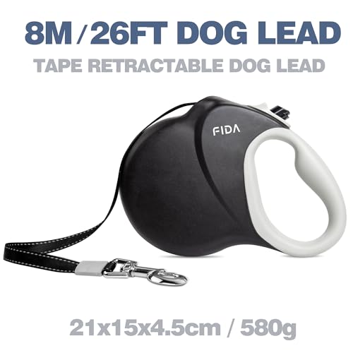 Fida 8m/26FT Hundeleine, verknotungsfrei Rollleine für mittelgroße/große Hunde, robuste Leine für Hunde bis 50kg/110lbs, 2025er Modell, Schwarz