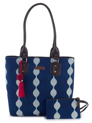 Image of NEPRI Office Pouch Tote Bag | Stylish Set of 2 Tote Bags for Women| Vegan Leather & Handblock Printed Fabric Handbag with Double Handle Shoulder Strap| Daily & Travel Use