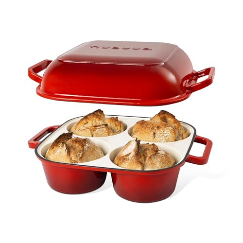 QuadPro Enamelled Cast Iron Bread Loaf Pot – Dutch Oven for Sourdough Bread Baking – 500°F Oven Safe Non Stick Bread Pot – 4 Round Loaf Spaces (4.90-inch Diameter), Red – by Nuovva