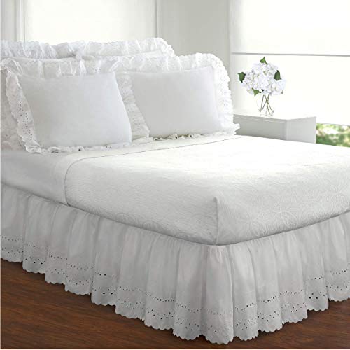 Fresh Ideas Ideas Ruffled Eyelet Bed Skirt Dust Ruffle With Gathered Styling And Embroidered Details, 18" Drop Length, Queen, White #TOP1
