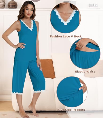 Image of NACHILA Pajamas Set for Women-Viscose Made from Bamboo, Lace V Neck Pj Tank Top Capri Pants Sleeveless Pjs Soft Sleepwear