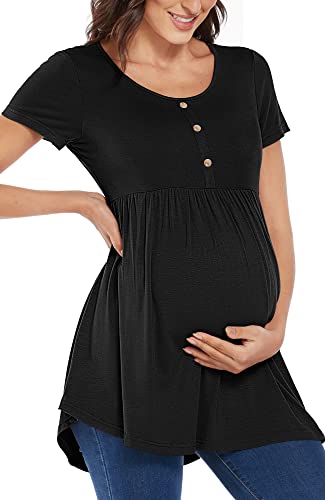 Pacbreeze Women's Maternity Top/Shirts Side Ruched Button Front Babydoll Tee Top Mama Pregnancy Clothes With Short Sleeve(Black, Medium) #TOP2