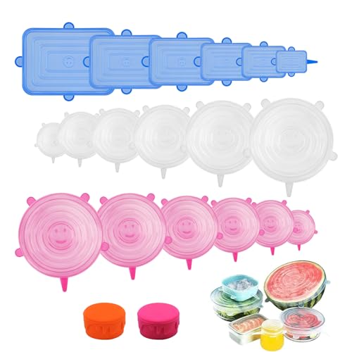 18 Piezas Tapas Silicona Ajustables Cocina, Reutilizable Tapas de Silicona Estirables en 6 Tamaños Diferentes, para Tarros, Cuencos, Botellas- Redondas y Rectangulares