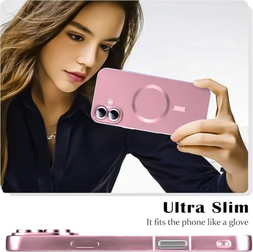Image of DIZORO Magnetic Case for iPhone 16 Plus Case [Compatible with MagSafe][Built-in Camera Lens Protector] Slim Soft Silicone Bumper Shockproof Metallic Luster Back Cover Phone Case (Pink)